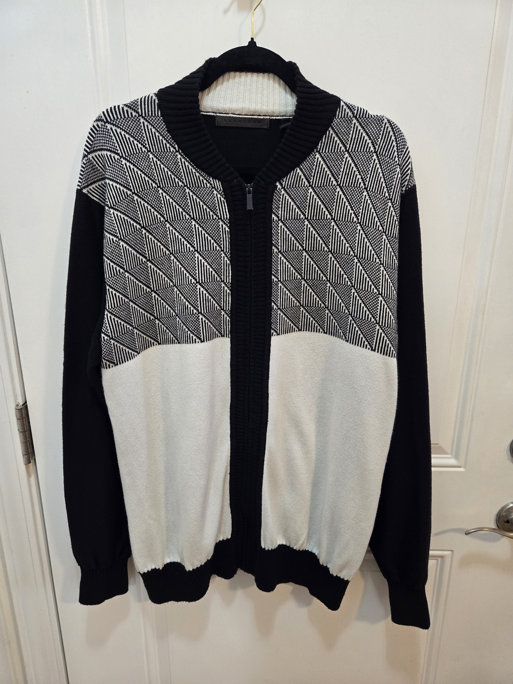 Sean John Black & White Geometric Full-Zip Sweater